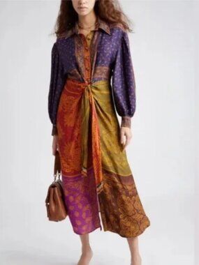 Farm Rio Bandana Dream Midi Shirtdress Button Up Tie Waist Size Small